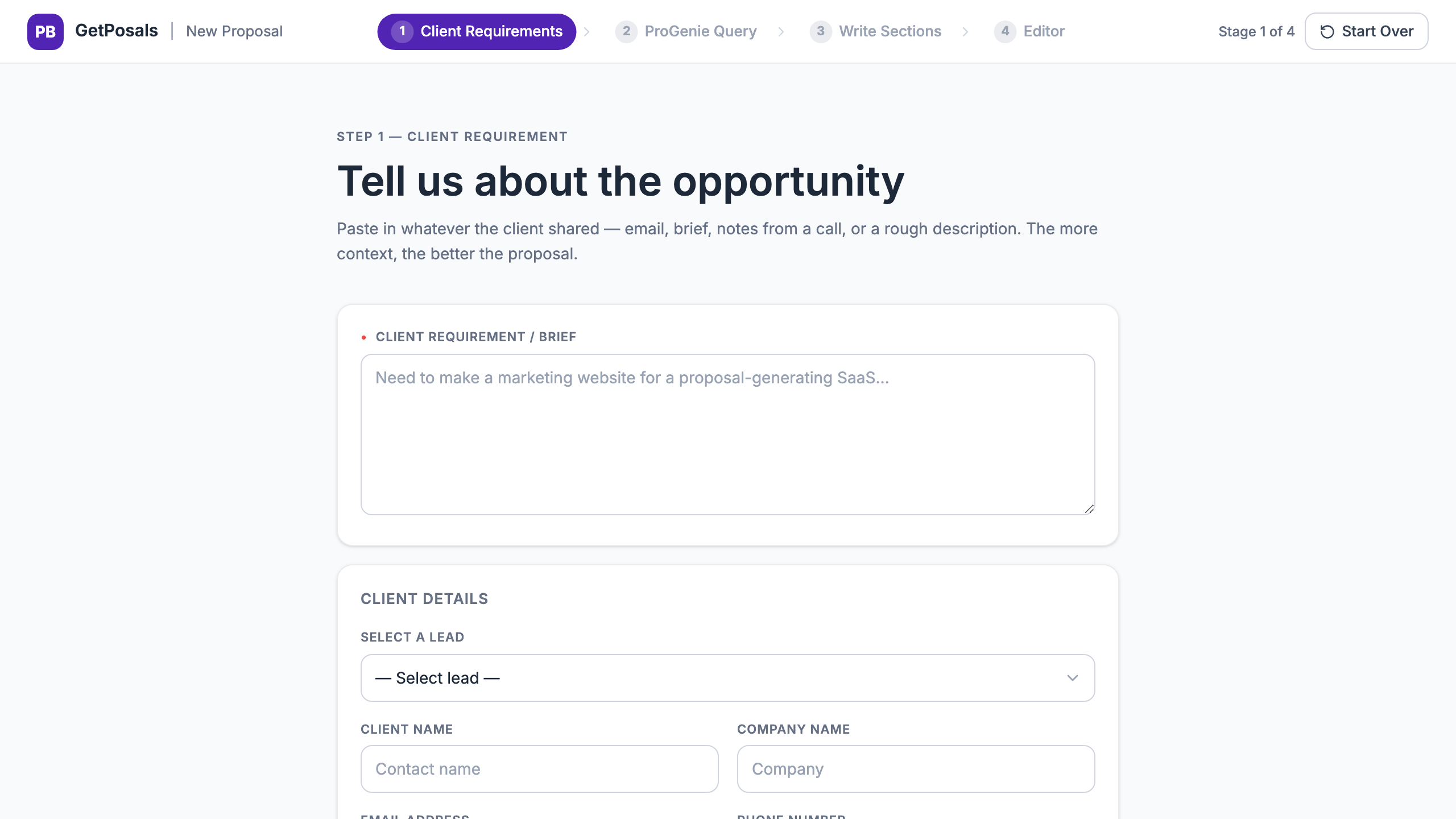 Guided proposal creation requirements screen