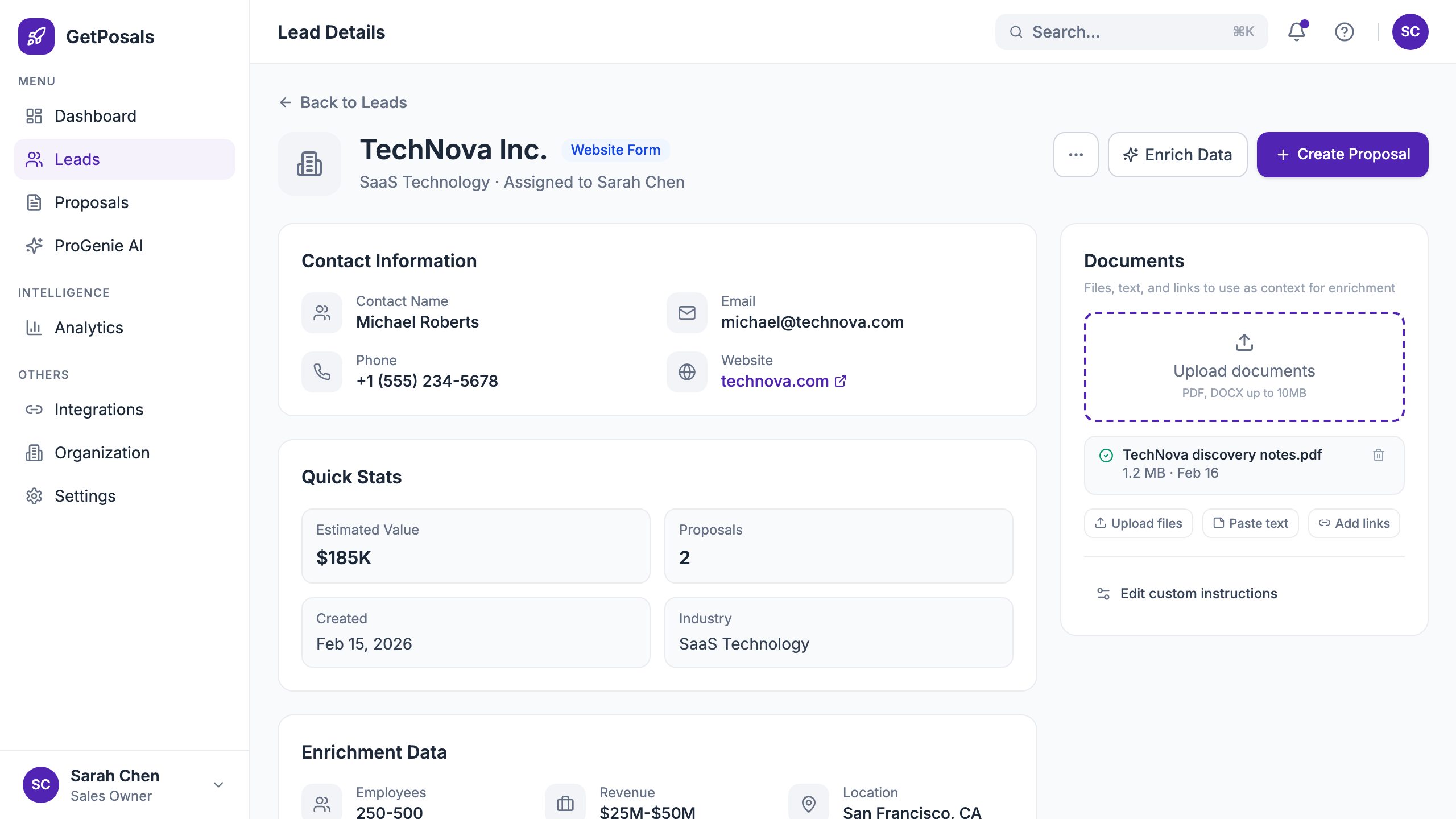 GetPosals lead detail with contact information, value, documents, and create proposal action
