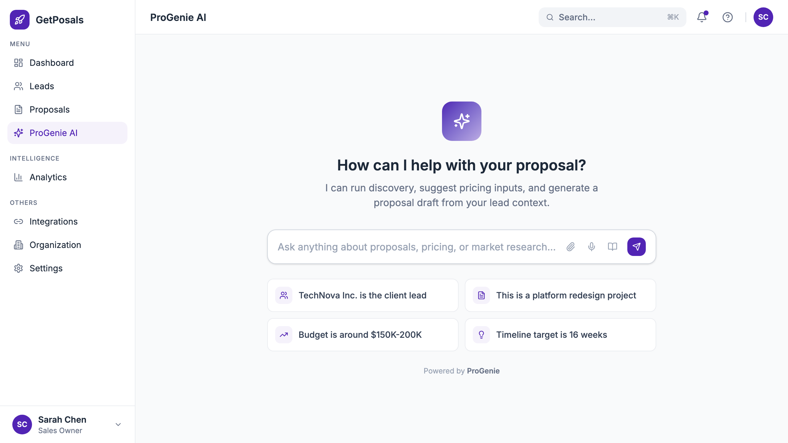 ProGenie discovery interface with source inputs beside the conversation