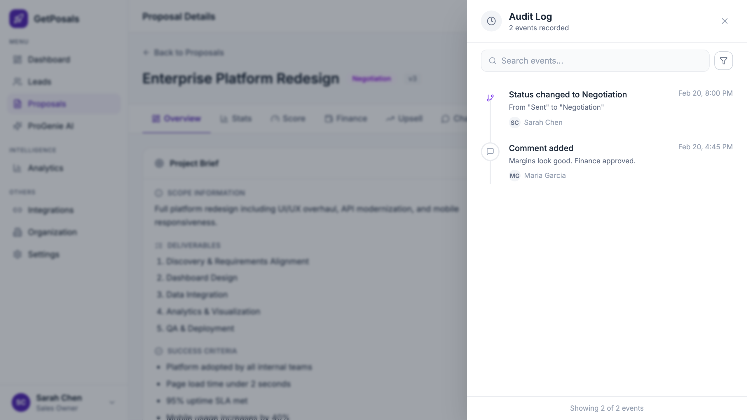 Proposal audit log showing tracked changes and events