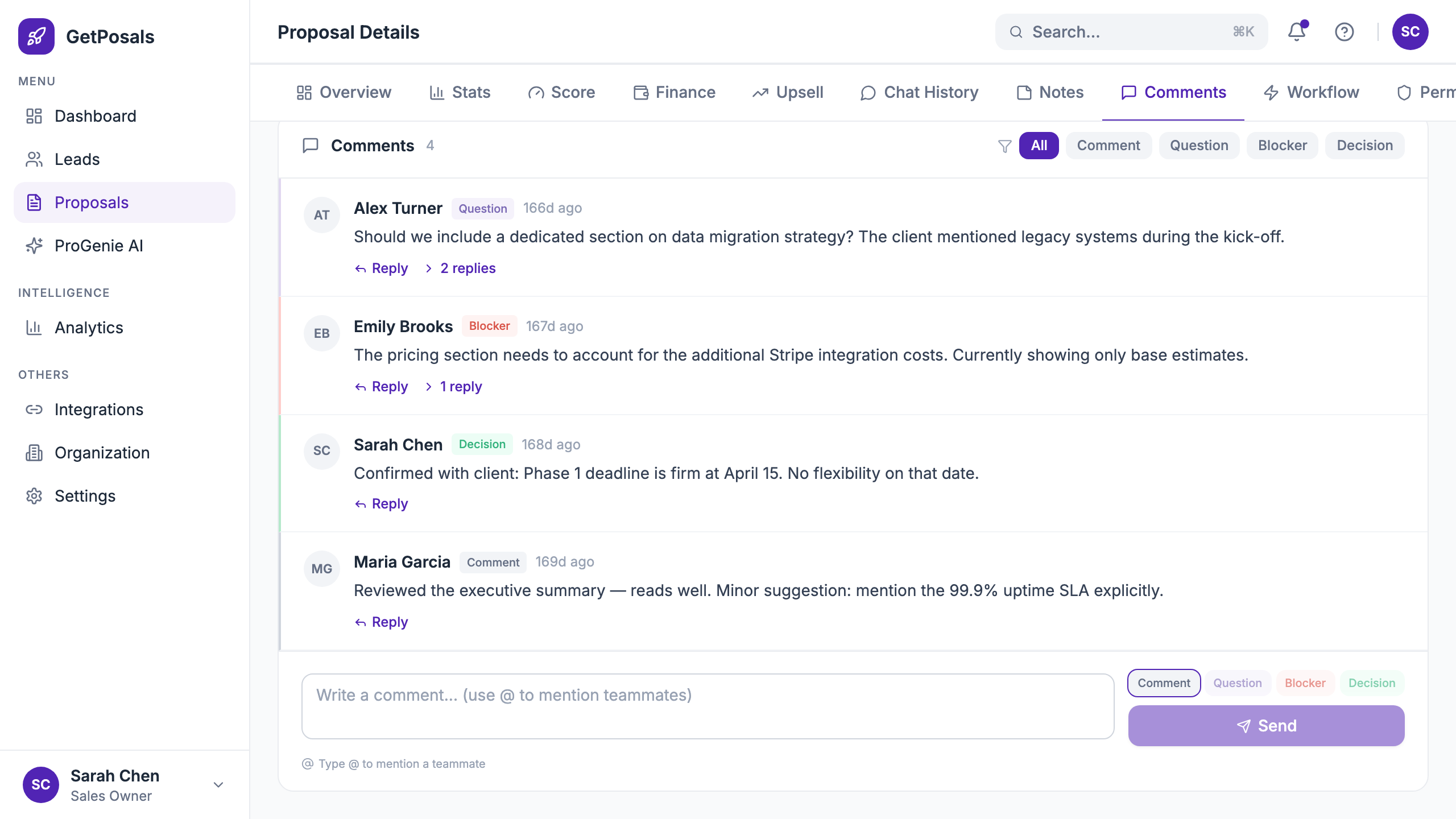 Proposal comments tab with threaded collaboration