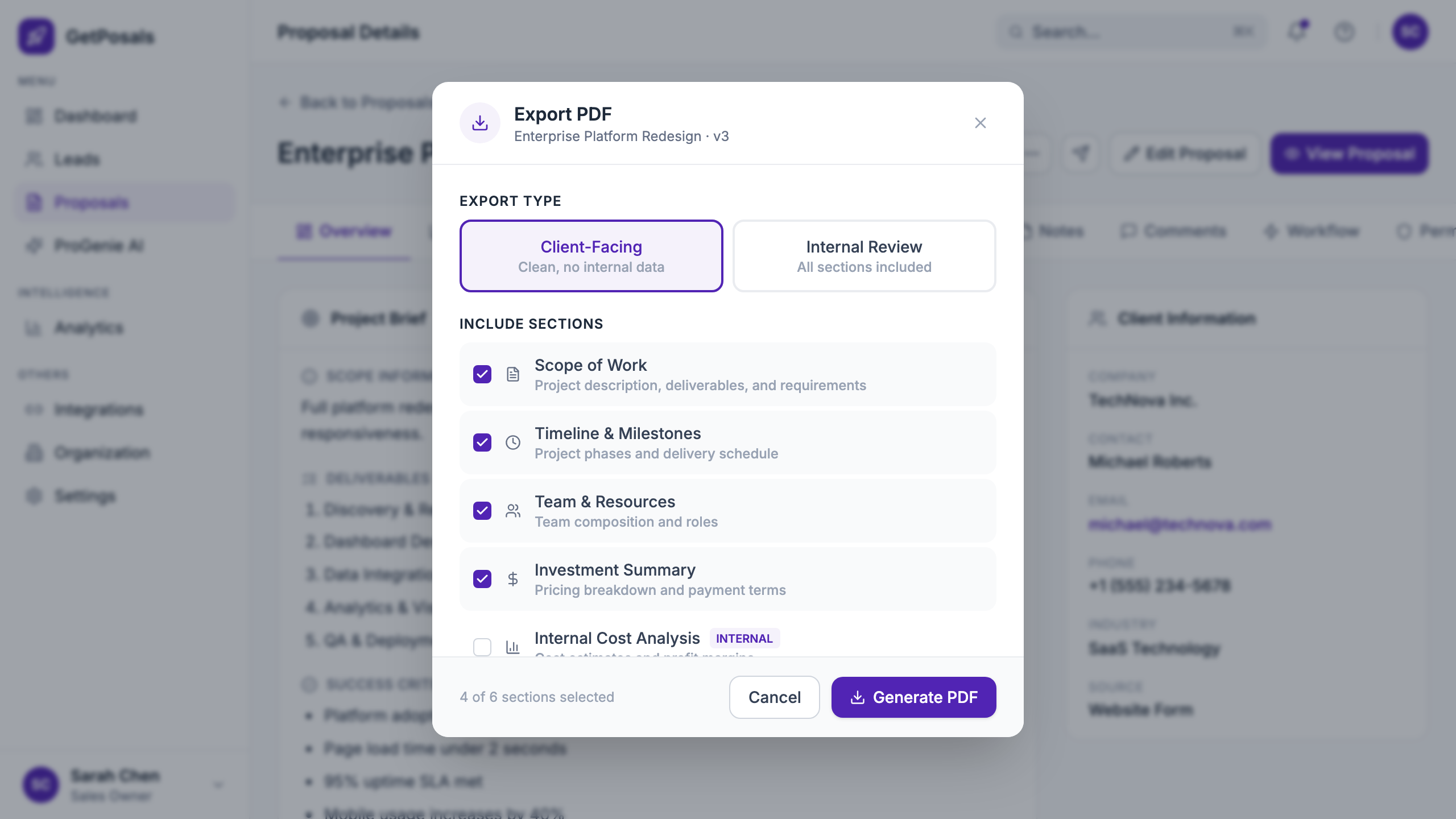 Proposal export dialog separating client-facing and internal versions