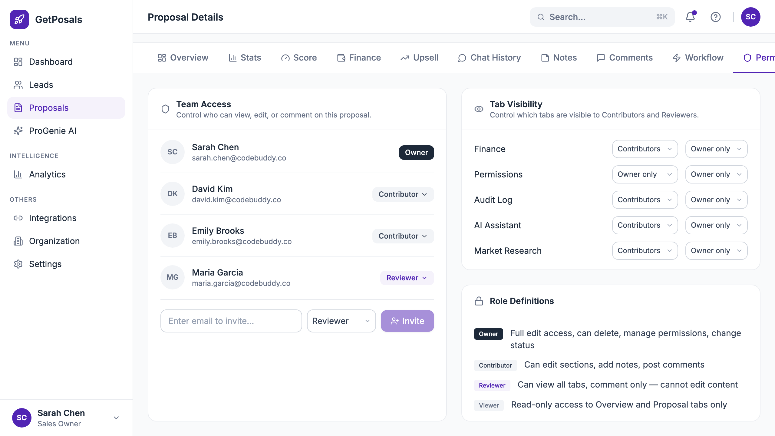 Proposal permissions tab with team access controls