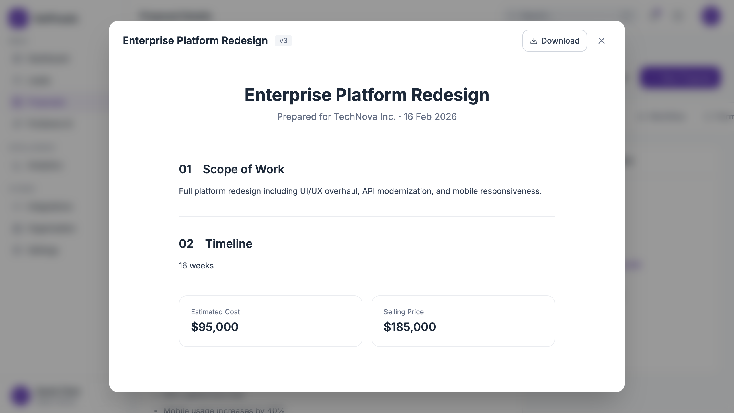 Client-facing proposal preview inside a review modal