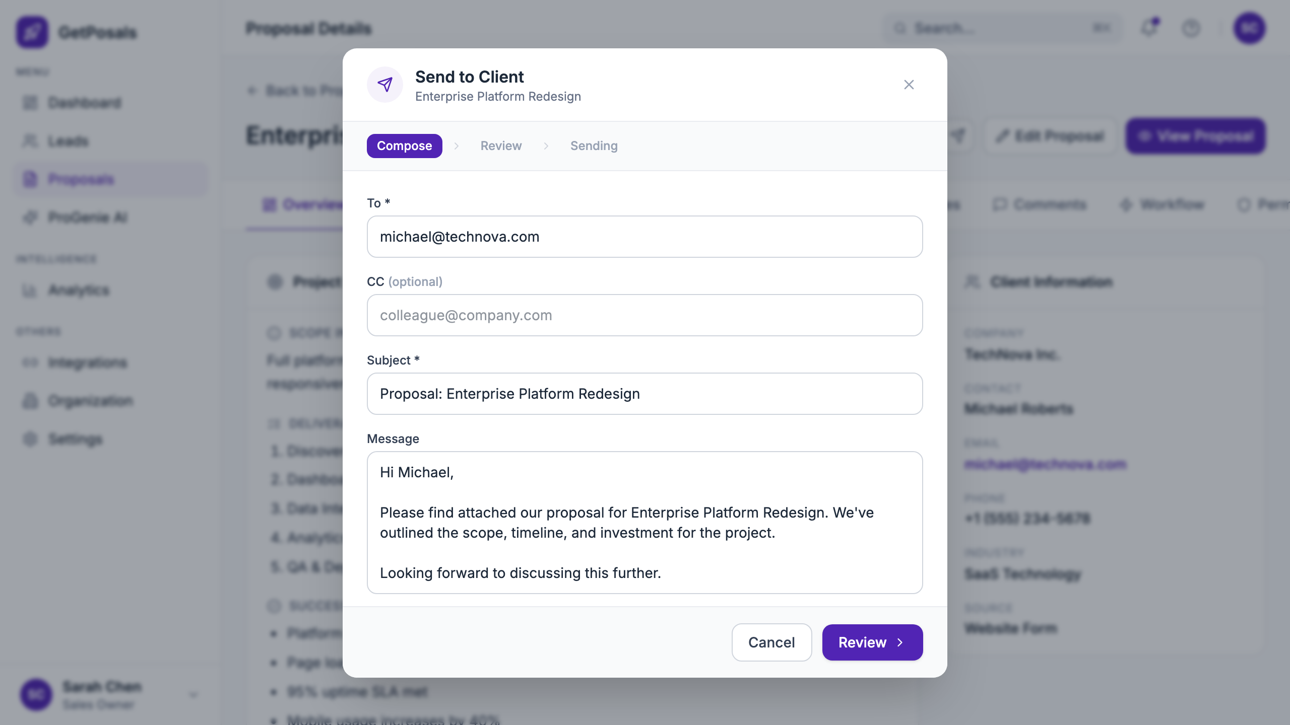 Send to client composer with review and delivery controls