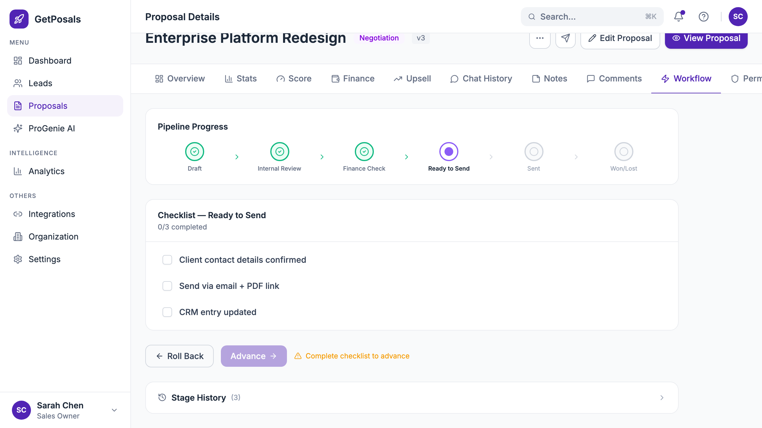 Proposal workflow automation tab