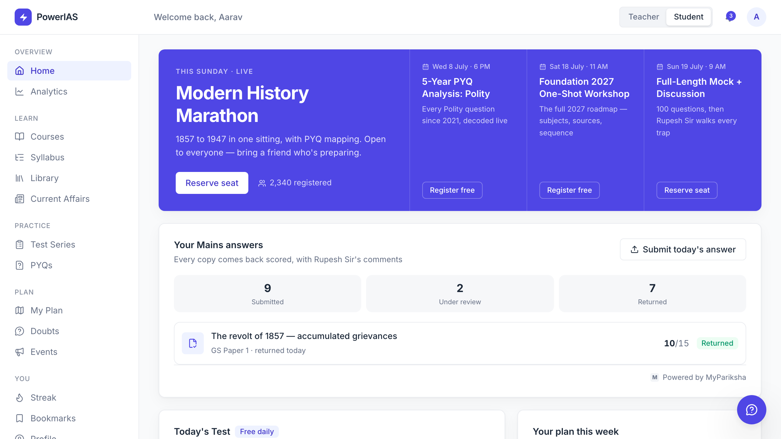 Student dashboard showing today's test, plan, events and progress