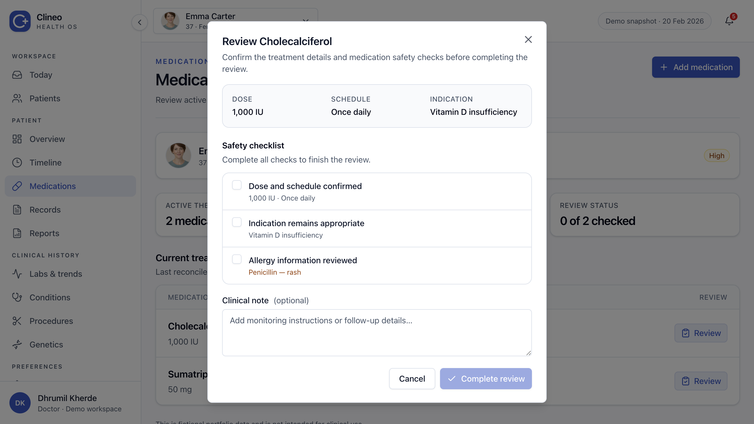 Medication review dialog with dose, schedule, indication, and three required safety checks