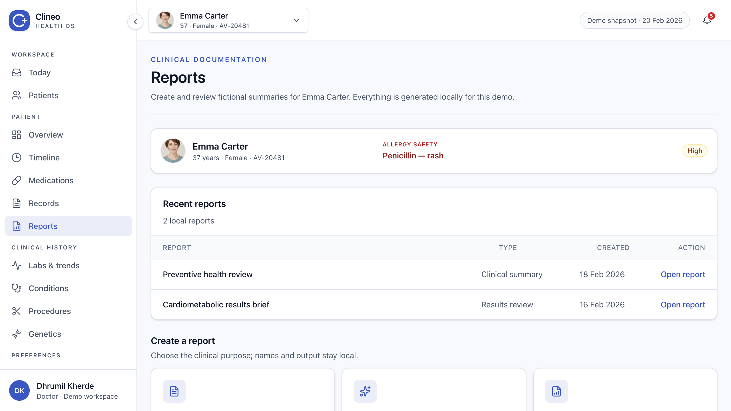 Clinical reports list with processing, review, and completed states